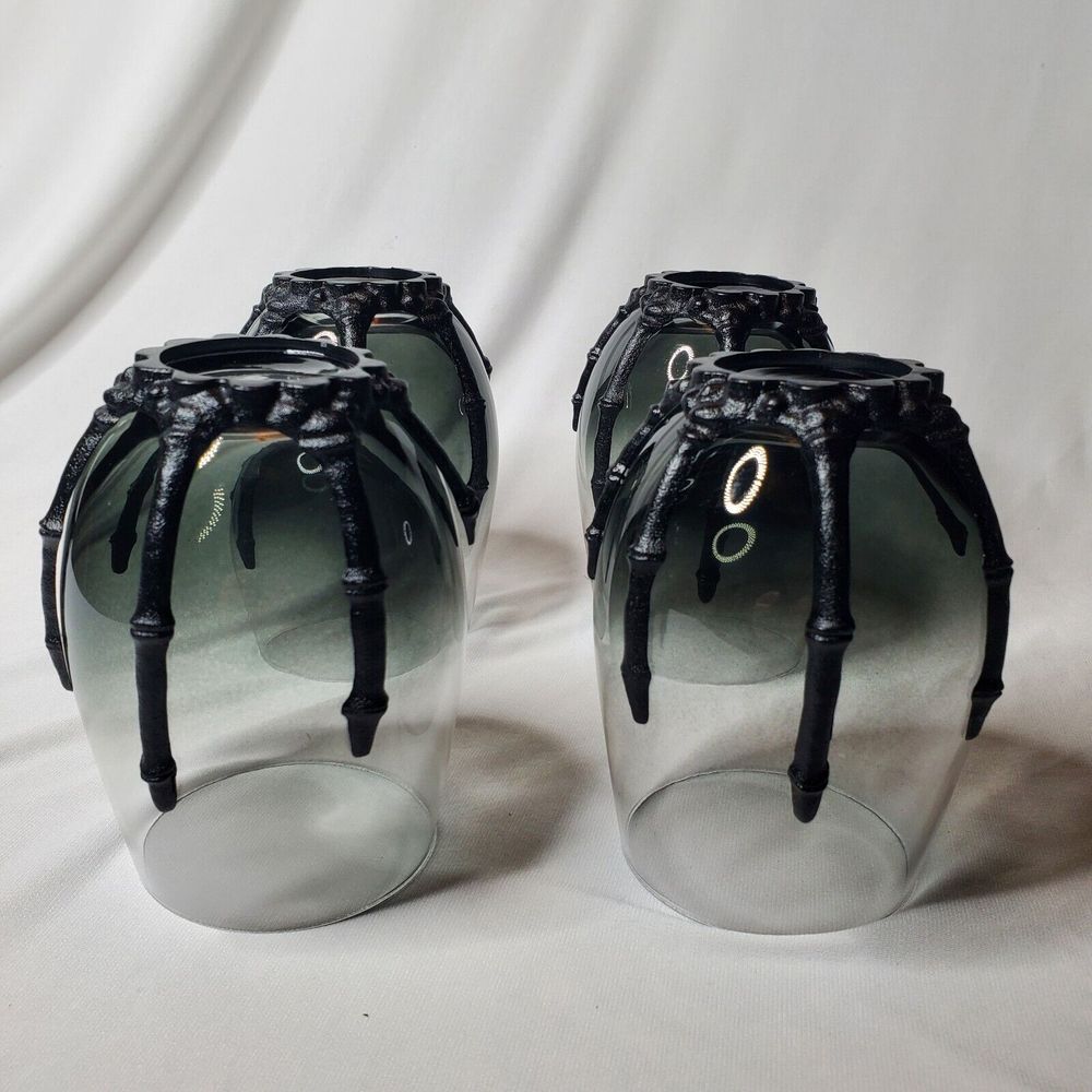 Gothic SKELETON Hand Stemless Wine Glasses Smoked Ombre to Black 19 oz NEW Set 4